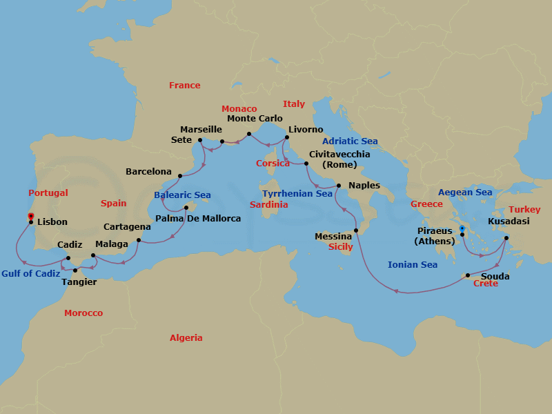 21 Night - Iberia & Mediterranean Antiquities - Viking Vela - Starting in Athens (Piraeus), Ephesus (Kusadasi), Crete (Souda Bay), Sail the Ionian Sea, Sicily (Messina), Naples, Rome (Civitavecchia), Florence / Pisa (Livorno), Monte Carlo, Marseille, Sete, Barcelona, Palma De Mallorca, Murcia (Cartagena ES, Spain), Granada (Malaga), Tangier, Seville (Cadiz), Lisbon itinerary map