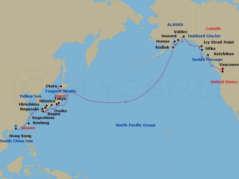 35 Night - Far East & Alaska - Viking Venus - Starting in Hong Kong, Sail the East China Sea, Taipei (Keelung), Sail the East China Sea, Nagasaki, Kagoshima, Beppu, Hiroshima, Osaka, Shimizu, Tokyo, Scenic Sailing : Tsugaro Strait, Sapporo (Otaru), Sail the Okhotsk Sea, Sail the North Pacific Ocean, Crossing International Dateline / East, Sail the Bering Sea, Scenic Sailing : Gulf of Alaska, Kodiak, Alaska, Homer, Seward, Alaska, Valdez, Alaska, Scenic Sailing : Hubbard Glacier, Icy Strait Point, Alaska, Sitka, Alaska, Ketchikan, Alaska, Scenic Sailing : the Inside Passage, Vancouver, British Columbia itinerary map