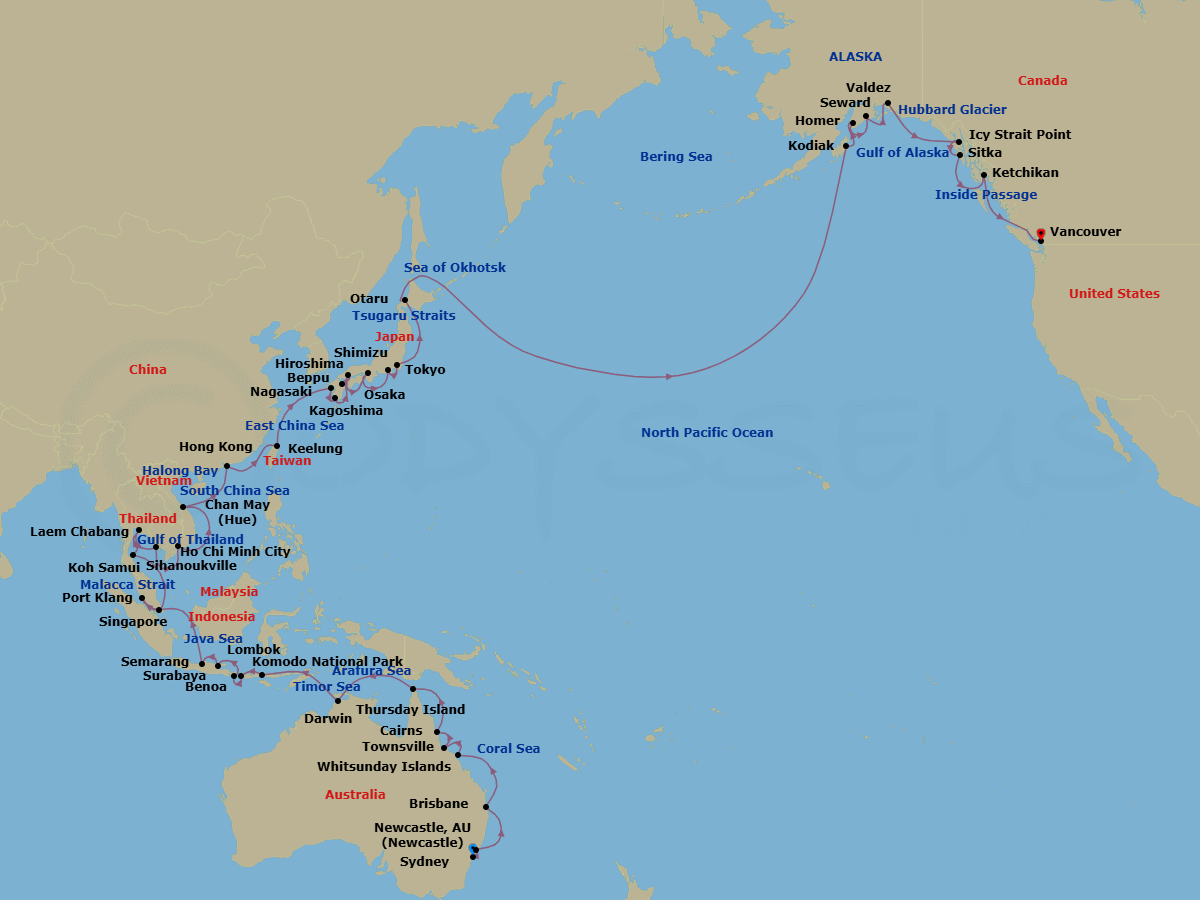 77 Night - Australia, Asia & Alaska - Viking Venus - Starting in Sydney AU, Newcastle AU, Sail the Australian Coast, Brisbane, Sail the Australian Coast, Whitsunday Island (Airlie Beach), Townsville, Cairns, Sail the Coral Sea, Thursday Island, Sail the Arafura Sea, Darwin, Sail the Timor Sea, Komodo National Park (Rinca), Lombok, Bali (Benoa), Surabaya, Java, Semarang, Java, Sail the Java Sea, Singapore, Kuala Lumpur (Port Klang), Scenic Sailing : Strait of Malacca, Scenic Sailing : Gulf of Thailand, Koh Samui (Nathon), Bangkok (Laem Chabang), Sihanoukville, Scenic Sailing : Gulf of Thailand, Ho Chi Minh City, Sail the South China Sea, Hue (Chan May), Ha Long Bay, Sail the South China Sea, Hong Kong, Sail the East China Sea, Taipei (Keelung), Sail the East China Sea, Nagasaki, Kagoshima, Beppu, Hiroshima, Osaka, Shimizu, Tokyo, Scenic Sailing : Tsugaro Strait, Sapporo (Otaru), Sail the Okhotsk Sea, Sail the North Pacific Ocean, Crossing International Dateline / East, Sail the Bering Sea, Scenic Sailing : Gulf of Alaska, Kodiak, Alaska, Homer, Seward, Alaska, Valdez, Alaska, Scenic Sailing : Hubbard Glacier, Icy Strait Point, Alaska, Sitka, Alaska, Ketchikan, Alaska, Scenic Sailing : the Inside Passage, Vancouver, British Columbia itinerary map