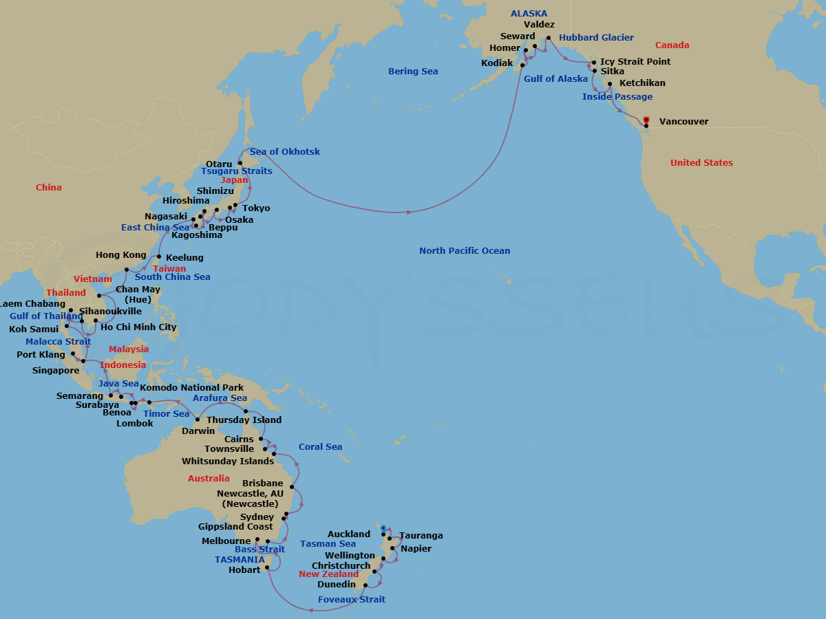 91 Night - Grand Pacific Explorer - Viking Venus - Starting in Auckland, Rotorua (Tauranga), Napier, Wellington, Christchurch, Dunedin, Scenic Sailing : Foveaux Strait, Sail the Tasman Sea, Tasmania (Hobart), Scenic Sailing : Bass Strait, Melbourne, Sail the Gippsland Coast, Sydney AU, Newcastle AU, Sail the Australian Coast, Brisbane, Sail the Australian Coast, Whitsunday Island (Airlie Beach), Townsville, Cairns, Sail the Coral Sea, Thursday Island, Sail the Arafura Sea, Darwin, Sail the Timor Sea, Komodo National Park (Rinca), Lombok, Bali (Benoa), Surabaya, Java, Semarang, Java, Sail the Java Sea, Singapore, Kuala Lumpur (Port Klang), Scenic Sailing : Strait of Malacca, Scenic Sailing : Gulf of Thailand, Koh Samui (Nathon), Bangkok (Laem Chabang), Sihanoukville, Scenic Sailing : Gulf of Thailand, Ho Chi Minh City, Sail the South China Sea, Hue (Chan May), Ha Long Bay, Sail the South China Sea, Hong Kong, Sail the East China Sea, Taipei (Keelung), Sail the East China Sea, Nagasaki, Kagoshima, Beppu, Hiroshima, Osaka, Shimizu, Tokyo, Scenic Sailing : Tsugaro Strait, Sapporo (Otaru), Sail the Okhotsk Sea, Sail the North Pacific Ocean, Crossing International Dateline / East, Sail the Bering Sea, Scenic Sailing : Gulf of Alaska, Kodiak, Alaska, Homer, Seward, Alaska, Valdez, Alaska, Scenic Sailing : Hubbard Glacier, Icy Strait Point, Alaska, Sitka, Alaska, Ketchikan, Alaska, Scenic Sailing : the Inside Passage, Vancouver, British Columbia itinerary map