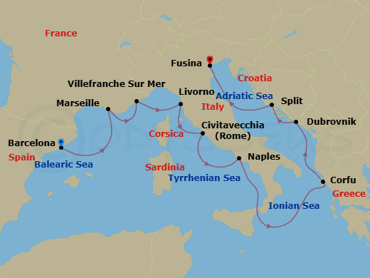 12 Night - Mediterranean Odyssey - Viking Star - Starting in Barcelona, Marseille, Villefranche-Sur-Mer, Florence / Pisa (Livorno), Rome (Civitavecchia), Naples, Sail the Strait of Messina, Corfu (Kerkyra), Dubrovnik, Croatia, Split, Venice (Fusina) itinerary map