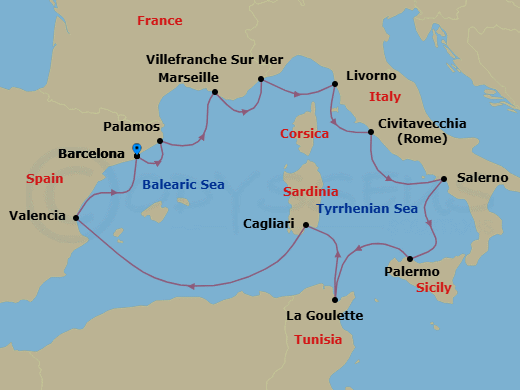 14 Night - Gems of the Mediterranean - Viking Star - Starting in Barcelona, Palamos, Marseille, Villefranche-Sur-Mer, Florence / Pisa (Livorno), Rome (Civitavecchia), Salerno, Palermo, Sicily, Tunis (La Goulette), Sardinia (Cagliari), Sail the Mediterranean Sea, Valencia, Barcelona itinerary map
