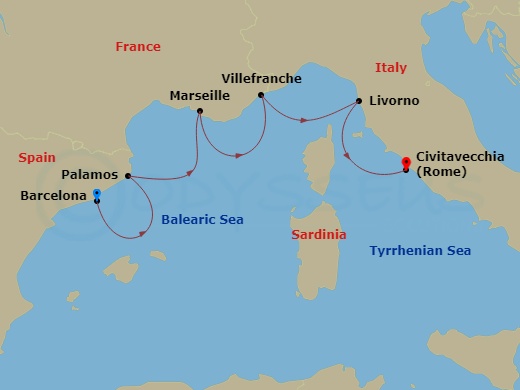 Viking Star - 7 Night - Iconic Western Mediterranean - Viking Star - Starting in Barcelona, Palamos, Marseille, Villefranche-Sur-Mer, Florence / Pisa (Livorno), Rome (Civit.. itinerary map