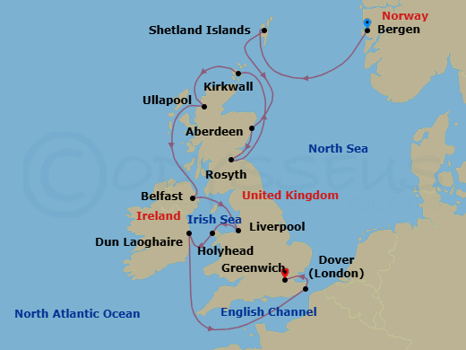 14 Night - British Isles Explorer - Viking Sky - Starting in Bergen, Shetland Islands (Lerwick), Aberdeen, Rosyth (Edinburgh), Orkney Islands (Kirkwall), The Highlands (Ullapool), Belfast, Liverpool, Holyhead, Dublin (Dun Laoghaire), Scenic Sailing English Channel, Dover UK, London (Greenwich) itinerary map