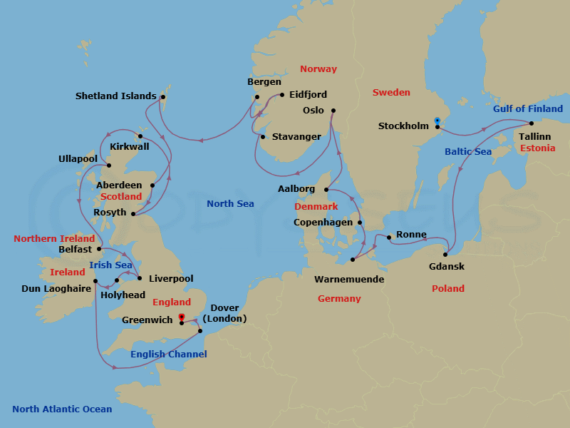 28 Night - Scandinavia & the British Isles - Viking Sky - Starting in Stockholm, Tallinn, Sail the Baltic Sea, Gdansk, Bornholm (Ronne), Berlin (Warnemunde), Copenhagen, Alborg, Oslo, Stavanger, Eidfjord, Bergen, Shetland Islands (Lerwick), Aberdeen, Rosyth (Edinburgh), Orkney Islands (Kirkwall), The Highlands (Ullapool), Belfast, Liverpool, Holyhead, Dublin (Dun Laoghaire), Scenic Sailing English Channel, Dover UK, London (Greenwich) itinerary map