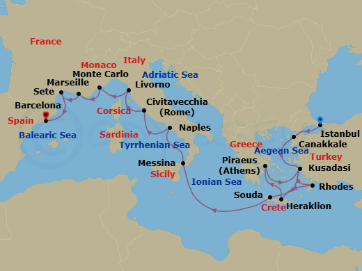 21 Night - Iconic Mediterranean Treasures - Viking Sky - Starting in Istanbul, Troy (Canakkale), Ephesus (Kusadasi), Rhodes, Crete (Heraklion), Athens (Piraeus), Ephesus (Kusadasi), Crete (Souda Bay), Sail the Ionian Sea, Sicily (Messina), Naples, Rome (Civitavecchia), Florence / Pisa (Livorno), Monte Carlo, Marseille, Sete, Barcelona itinerary map