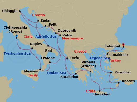 21 Night - Adriatic & Mediterranean Sojourn - Viking Sky - Starting in Rome (Civitavecchia), Naples, Sicily (Messina), Crotone, Bari, Zadar, Venice (Chioggia), Split, Dubrovnik, Croatia, Kotor, Corfu (Kerkyra), Katakolon (Olympia), Athens (Piraeus), Crete (Heraklion), Rhodes, Ephesus (Kusadasi), Troy (Canakkale), Istanbul itinerary map