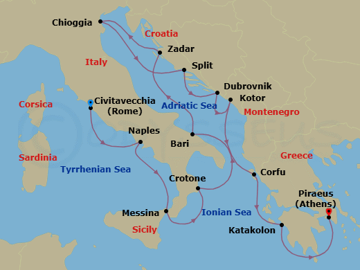 14 Night - Italy, the Adriatic & Greece - Viking Sky - Starting in Rome (Civitavecchia), Naples, Sicily (Messina), Crotone, Bari, Zadar, Venice (Chioggia), Split, Dubrovnik, Croatia, Kotor, Corfu (Kerkyra), Katakolon (Olympia), Athens (Piraeus) itinerary map
