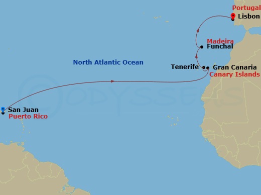 11 Night - Mid Atlantic Crossing - Viking Sky - Starting in San Juan, Sail the Atlantic Ocean, Sail the North Atlantic Ocean, Canary Islands (Las Palmas De Gran Canaria), Santa Cruz de Tenerife, Madeira (Funchal), Sail the North Atlantic Ocean, Lisbon itinerary map