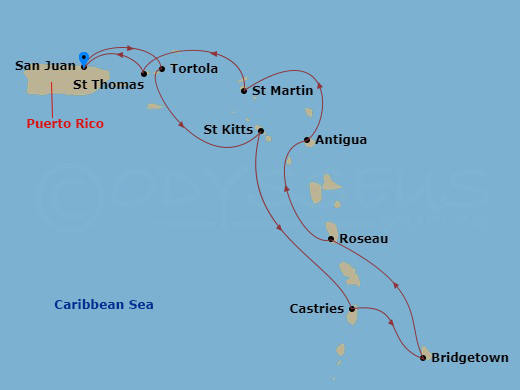 Viking Sky - 10 Night - West Indies Explorer - Viking Sky - Starting in San Juan, Tortola (Road Town), St Kitts (Basseterre), Castries, Bridgetown, Roseau, St Johns AG, An.. itinerary map
