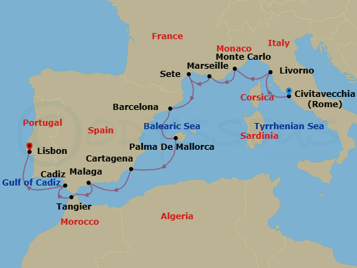 14 Night - Spain, Portugal & the Mediterranean - Viking Sky - Starting in Rome (Civitavecchia), Florence / Pisa (Livorno), Monte Carlo, Marseille, Sete, Barcelona, Palma De Mallorca, Murcia (Cartagena ES, Spain), Granada (Malaga), Tangier, Seville (Cadiz), Lisbon itinerary map