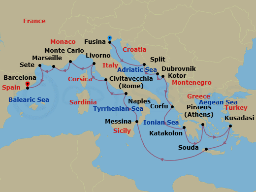 21 Night - Antiquities of the Mediterranean - Viking Sky - Starting in Venice (Fusina), Split, Dubrovnik, Croatia, Kotor, Corfu (Kerkyra), Katakolon (Olympia), Athens (Piraeus), Ephesus (Kusadasi), Crete (Souda Bay), Sail the Ionian Sea, Sicily (Messina), Naples, Rome (Civitavecchia), Florence / Pisa (Livorno), Monte Carlo, Marseille, Sete, Barcelona itinerary map