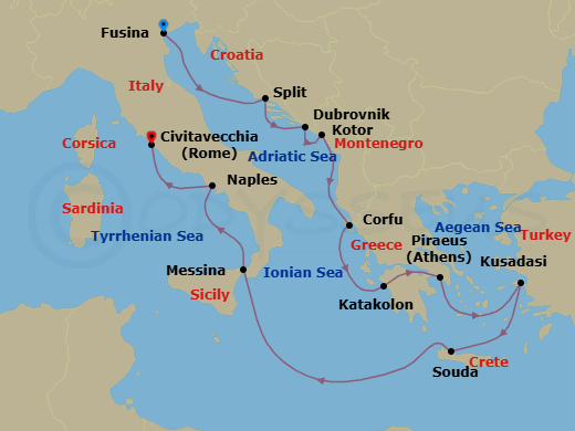 14 Night - Iconic Adriatic Antiquities - Viking Sky - Starting in Venice (Fusina), Split, Dubrovnik, Croatia, Kotor, Corfu (Kerkyra), Katakolon (Olympia), Athens (Piraeus), Ephesus (Kusadasi), Crete (Souda Bay), Sail the Ionian Sea, Sicily (Messina), Naples, Rome (Civitavecchia) itinerary map