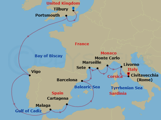 14 Night - Mediterranean Discoveries - Viking Sky - Starting in London (Tilbury), Portsmouth UK, Sail the Atlantic Ocean, Vigo, Sail the Atlantic Ocean, Granada (Malaga), Murcia (Cartagena ES, Spain), Barcelona, Sete, Marseille, Monte Carlo, Florence / Pisa (Livorno), Rome (Civitavecchia) itinerary map