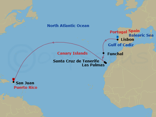 11 Night - Mid Atlantic Crossing - Viking Sea - Starting in Lisbon, Sail the North Atlantic Ocean, Madeira (Funchal), Santa Cruz de Tenerife, Canary Islands (Las Palmas De Gran Canaria), Sail the North Atlantic Ocean, Sail the Atlantic Ocean, San Juan itinerary map
