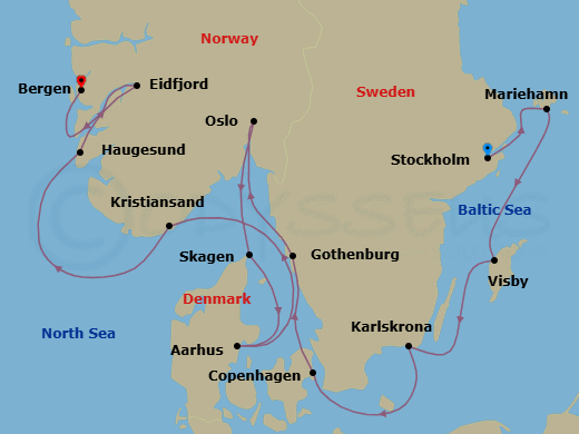 14 Night - Scenic Scandinavia & Baltic Jewels - Viking Saturn - Starting in Stockholm, Mariehamn, Gotland (Visby), Karlskrona, Copenhagen, Gothenburg, Oslo, Skagen, Aarhus, Kristiansand, Haugesund, Eidfjord, Bergen itinerary map