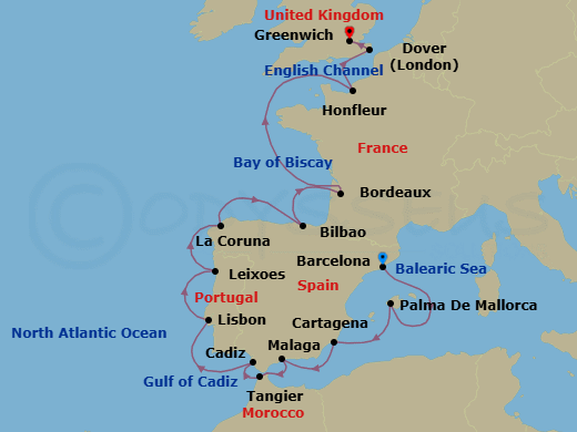 18 Night - Iconic Western Europe - Viking Saturn - Starting in Barcelona, Palma De Mallorca, Murcia (Cartagena ES, Spain), Granada (Malaga), Tangier, Seville (Cadiz), Lisbon, Porto (Leixoes), A Coruna, Bilbao, Bordeaux, Sail the Atlantic Ocean, Paris (Honfleur), Dover UK, London (Greenwich) itinerary map