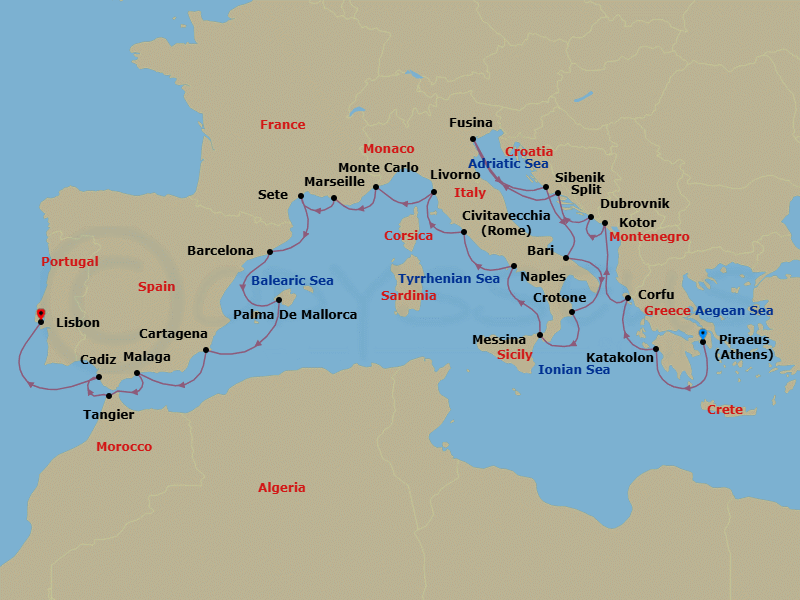 28 Night - Mediterranean Explorer - Viking Saturn - Starting in Athens (Piraeus), Katakolon (Olympia), Corfu (Kerkyra), Kotor, Dubrovnik, Croatia, Split, Venice (Fusina), Sibenik, Bari, Crotone, Sicily (Messina), Naples, Rome (Civitavecchia), Florence / Pisa (Livorno), Monte Carlo, Marseille, Sete, Barcelona, Palma De Mallorca, Murcia (Cartagena ES, Spain), Granada (Malaga), Tangier, Seville (Cadiz), Lisbon itinerary map