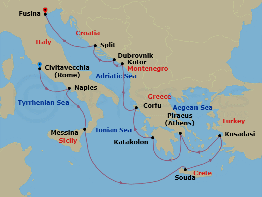 14 Night - Iconic Adriatic Antiquities - Viking Saturn - Starting in Rome (Civitavecchia), Naples, Sicily (Messina), Sail the Ionian Sea, Crete (Souda Bay), Ephesus (Kusadasi), Athens (Piraeus), Katakolon (Olympia), Corfu (Kerkyra), Kotor, Dubrovnik, Croatia, Split, Venice (Fusina) itinerary map