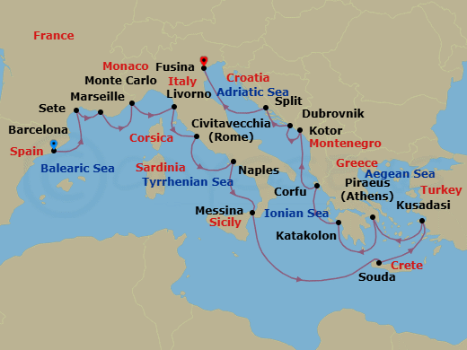 21 Night - Antiquities of the Mediterranean - Viking Saturn - Starting in Barcelona, Sete, Marseille, Monte Carlo, Florence / Pisa (Livorno), Rome (Civitavecchia), Naples, Sicily (Messina), Sail the Ionian Sea, Crete (Souda Bay), Ephesus (Kusadasi), Athens (Piraeus), Katakolon (Olympia), Corfu (Kerkyra), Kotor, Dubrovnik, Croatia, Split, Venice (Fusina) itinerary map