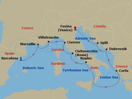 12 Night - Mediterranean Odyssey - Viking Saturn - Starting in Barcelona, Marseille, Villefranche-Sur-Mer, Florence / Pisa (Livorno), Rome (Civitavecchia), Naples, Sail the Ionian Sea, Corfu (Kerkyra), Dubrovnik, Croatia, Split, Venice (Fusina) itinerary map