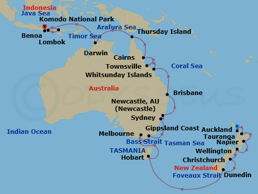 30 Night - Australia, New Zealand & Indonesia - Viking Orion - Starting in Auckland, Rotorua (Tauranga), Napier, Wellington, Christchurch, Dunedin, Scenic Sailing Foveaux Strait, Sail the Tasman Sea, Tasmania (Hobart), Scenic Sailing Bass Strait, Melbourne, Sail the Gippsland Coast, Sydney AU, Newcastle AU, Sail the Australian Coast, Brisbane, Sail the Australian Coast, Whitsunday Island (Airlie Beach), Townsville, Cairns, Sail the Australian Coast, Thursday Island, Sail the Australian Coast, Darwin, Sail the Australian Coast, Komodo National Park (Rinca), Lombok, Bali (Benoa) itinerary map
