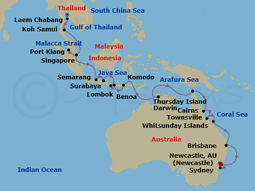 28 Night - South Pacific Sojourn - Viking Orion - Starting in Bangkok (Laem Chabang), Koh Samui (Nathon), Scenic Sailing Gulf of Thailand, Scenic Sailing Strait of Malacca, Kuala Lumpur (Port Klang), Singapore, Sail the Java Sea, Semarang, Java, Surabaya, Java, Bali (Benoa), Lombok, Komodo National Park (Rinca), Sail the Timor Sea, Darwin, Sail the Arafura Sea, Thursday Island, Sail the Coral Sea, Cairns, Townsville, Whitsunday Island (Airlie Beach), Sail the Coral Sea, Brisbane, Sail the Australian Coast, Newcastle AU, Sydney AU itinerary map