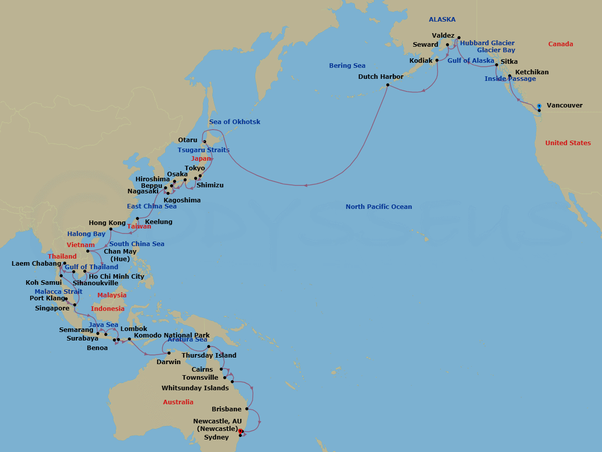 79 Night - Australia, Asia & Alaska - Viking Orion - Starting in Vancouver, British Columbia, Scenic Sailing : the Inside Passage, Ketchikan, Alaska, Sitka, Alaska, Scenic Sailing : Glacier Bay, Scenic Sailing : Hubbard Glacier, Valdez, Alaska, Seward, Alaska, Kodiak, Alaska, Scenic Sailing : Gulf of Alaska, Dutch Harbor, Alaska, Sail the Bering Sea, Sail the North Pacific Ocean, Sail the Okhotsk Sea, Sapporo (Otaru), Scenic Sailing : Tsugaro Strait, Tokyo, Shimizu, Osaka, Hiroshima, Beppu, Kagoshima, Nagasaki, Sail the East China Sea, Taipei (Keelung), Sail the East China Sea, Hong Kong, Sail the South China Sea, Ha Long Bay, Hue (Chan May), Sail the South China Sea, Ho Chi Minh City, Scenic Sailing : Gulf of Thailand, Sihanoukville, Bangkok (Laem Chabang), Koh Samui (Nathon), Scenic Sailing : Gulf of Thailand, Scenic Sailing : Strait of Malacca, Kuala Lumpur (Port Klang), Singapore, Sail the Java Sea, Semarang, Java, Surabaya, Java, Bali (Benoa), Lombok, Komodo National Park (Rinca), Sail the Timor Sea, Darwin, Sail the Arafura Sea, Thursday Island, Sail the Coral Sea, Cairns, Townsville, Whitsunday Island (Airlie Beach), Sail the Coral Sea, Brisbane, Sail the Australian Coast, Newcastle AU, Sydney AU itinerary map