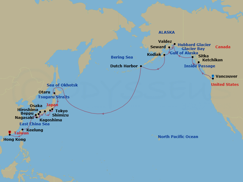 37 Night - Far East & Alaska - Viking Orion - Starting in Vancouver, British Columbia, Scenic Sailing : the Inside Passage, Ketchikan, Alaska, Sitka, Alaska, Scenic Sailing : Glacier Bay, Scenic Sailing : Hubbard Glacier, Valdez, Alaska, Seward, Alaska, Kodiak, Alaska, Scenic Sailing : Gulf of Alaska, Dutch Harbor, Alaska, Sail the Bering Sea, Sail the North Pacific Ocean, Sail the Okhotsk Sea, Sapporo (Otaru), Scenic Sailing : Tsugaro Strait, Tokyo, Shimizu, Osaka, Hiroshima, Beppu, Kagoshima, Nagasaki, Sail the East China Sea, Taipei (Keelung), Sail the East China Sea, Hong Kong itinerary map