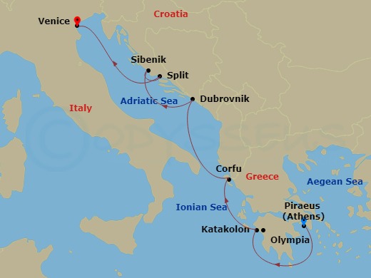 Viking Neptune - 7 Night - Venice, the Adriatic & Greece - Viking Neptune - Starting in Athens (Piraeus), Katakolon (Olympia), Corfu (Kerkyra), Kotor, Dubrovnik, Croatia, Spli.. itinerary map