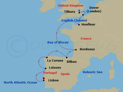 11 Night - Iberia, France & England Explorer - Viking Mira - Starting in London (Tilbury), Dover UK, Paris (Honfleur), Sail the Atlantic Ocean, Bordeaux, Bilbao, A Coruna, Porto (Leixoes), Lisbon itinerary map
