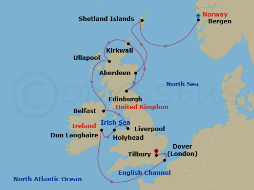 14 Night - British Isles Explorer - Viking Mira - Starting in Bergen, Shetland Islands (Lerwick), Aberdeen, Edinburgh (Newhaven Harbour), Orkney Islands (Kirkwall), The Highlands (Ullapool), Belfast, Liverpool, Holyhead, Dublin (Dun Laoghaire), Scenic Sailing English Channel, Dover UK, London (Tilbury) itinerary map