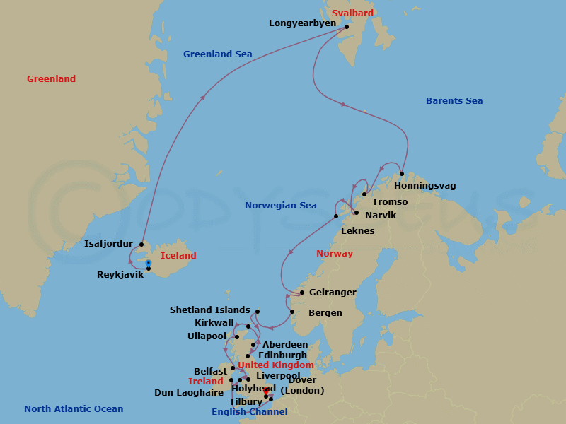 28 Night - Iceland, Norway & British Isles - Viking Mira - Starting in Reykjavik, Isafjordur, Sail the Norwegian Sea, Longyearbyen, Sail the Barents Sea, Honningsvag, Tromso, Narvik, Lofoten (Leknes), Sail the Norwegian Sea, Geiranger, Norway, Bergen, Shetland Islands (Lerwick), Aberdeen, Edinburgh (Newhaven Harbour), Orkney Islands (Kirkwall), The Highlands (Ullapool), Belfast, Liverpool, Holyhead, Dublin (Dun Laoghaire), Scenic Sailing English Channel, Dover UK, London (Tilbury) itinerary map