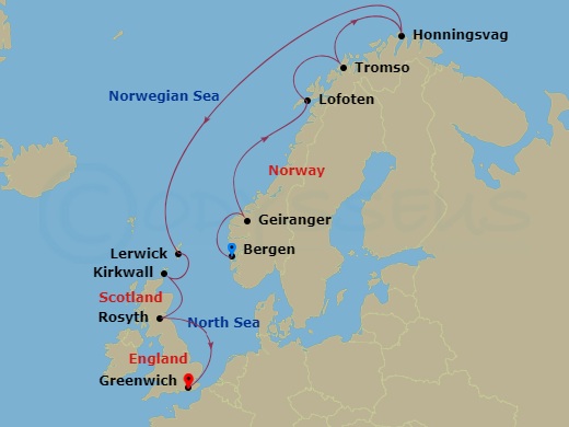 Viking Mira - 14 Night - Into the Midnight Sun - Viking Mira - Starting in Bergen, Geiranger, Norway, Sail the Norwegian Sea, Lofoten (Leknes), Tromso, Honningsvag, Sail th.. itinerary map