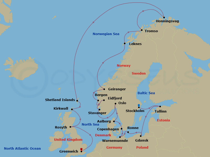 28 Night - Baltic Jewels & the Midnight Sun - Viking Mira - Starting in Stockholm, Tallinn, Sail the Baltic Sea, Gdansk, Bornholm (Ronne), Berlin (Warnemunde), Copenhagen, Alborg, Oslo, Stavanger, Eidfjord, Bergen, Geiranger, Norway, Sail the Norwegian Sea, Lofoten (Leknes), Tromso, Honningsvag, Sail the Norwegian Sea, Shetland Islands (Lerwick), Orkney Islands (Kirkwall), Rosyth (Edinburgh), Sail the North Sea, London (Greenwich) itinerary map