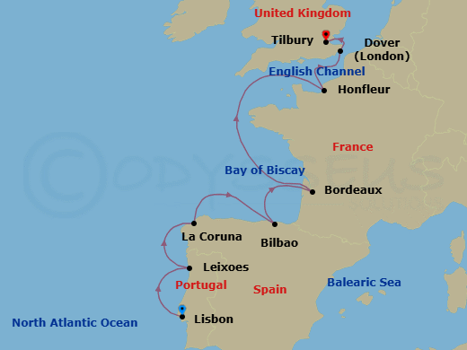 11 Night - Iberia, France & England Explorer - Viking Mira - Starting in Lisbon, Porto (Leixoes), A Coruna, Bilbao, Bordeaux, Sail the Atlantic Ocean, Paris (Honfleur), Dover UK, London (Tilbury) itinerary map