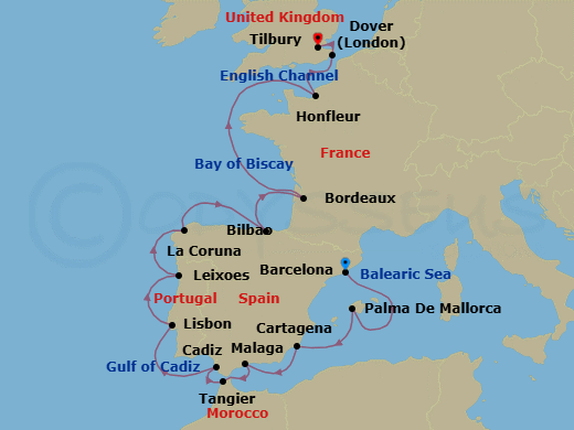 18 Night - Iconic Western Europe - Viking Mira - Starting in Barcelona, Palma De Mallorca, Murcia (Cartagena ES, Spain), Granada (Malaga), Tangier, Seville (Cadiz), Lisbon, Porto (Leixoes), A Coruna, Bilbao, Bordeaux, Sail the Atlantic Ocean, Paris (Honfleur), Dover UK, London (Tilbury) itinerary map
