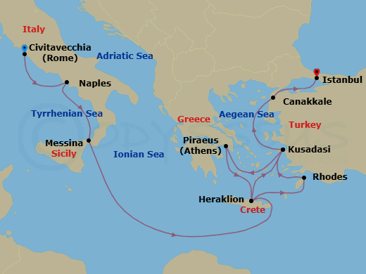 14 Night - Ancient Mediterranean Antiquities - Viking Mira - Starting in Rome (Civitavecchia), Naples, Sicily (Messina), Sail the Ionian Sea, Crete (Heraklion), Ephesus (Kusadasi), Athens (Piraeus), Crete (Heraklion), Rhodes, Ephesus (Kusadasi), Troy (Canakkale), Istanbul itinerary map