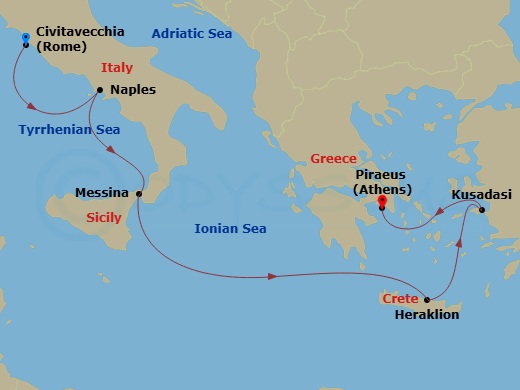 Viking Mira - 7 Night - Journey to Antiquities - Viking Mira - Starting in Rome (Civitavecchia), Naples, Sicily (Messina), Sail the Ionian Sea, Crete (Heraklion), Ephesus (.. itinerary map