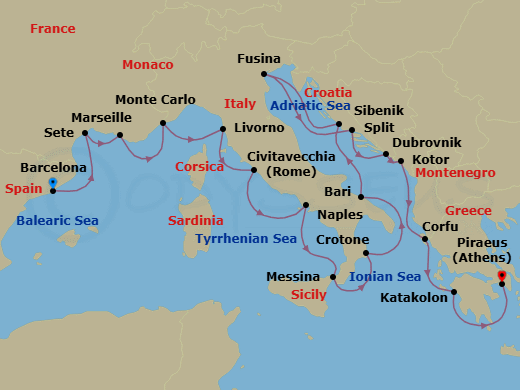 21 Night - Mediterranean & Adriatic Sojourn - Viking Mira - Starting in Barcelona, Sete, Marseille, Monte Carlo, Florence / Pisa (Livorno), Rome (Civitavecchia), Naples, Sicily (Messina), Crotone, Bari, Sibenik, Venice (Fusina), Split, Dubrovnik, Croatia, Kotor, Corfu (Kerkyra), Katakolon (Olympia), Athens (Piraeus) itinerary map