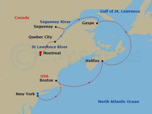 Viking Mars - 12 Night - Eastern Seaboard Explorer - Viking Mars - Starting in New York City, New York, Boston, Massachusetts, Sail the Nova Scotia Coast, Halifax, Nova Sco.. itinerary map