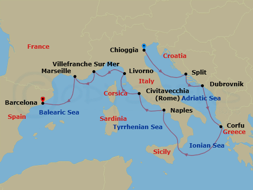 12 Night - Mediterranean Odyssey - Viking Mars - Starting in Venice (Chioggia), Split, Dubrovnik, Croatia, Corfu (Kerkyra), Sail the Ionian Sea, Naples, Rome (Civitavecchia), Florence / Pisa (Livorno), Villefranche-Sur-Mer, Marseille, Barcelona itinerary map