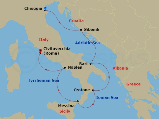 Viking Mars - 7 Night - Italian Sojourn - Viking Mars - Starting in Venice (Chioggia), Sibenik, Bari, Crotone, Sicily (Messina), Naples, Rome (Civitavecchia) itinerary map