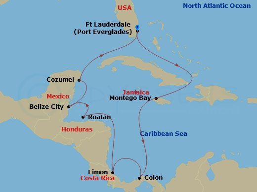 Viking Mars - 14 Night - Panama Canal & Central America - Viking Mars - Starting in Fort Lauderdale, Florida, Sail the Caribbean Sea, Montego Bay, Sail the Caribbean Sea, S.. itinerary map