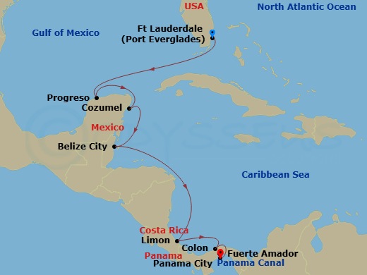 10 Night - Classic Panama Canal Passage - Viking Mars - Starting in Fort Lauderdale, Florida, Sail the Caribbean Sea, Merida (Progreso), Cozumel, Mexico, Belize City, Sail the Caribbean Sea, Puerto Limon, Colon, Scenic Sailing Panama Canal, Panama City (Fuerte Amador) itinerary map