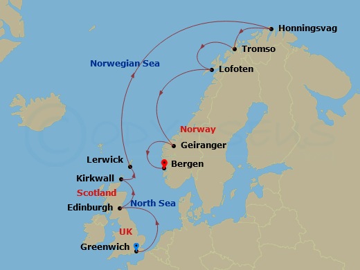 Viking Libra - 14 Night - Into the Midnight Sun - Viking Libra - Starting in London (Greenwich), Sail the North Sea, Edinburgh (Newhaven Harbour), Orkney Islands (Kirkwall),.. itinerary map