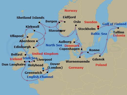 28 Night - Scandinavia & the British Isles - Viking Libra - Starting in London (Greenwich), Dover UK, Scenic Sailing English Channel, Dublin (Dun Laoghaire), Holyhead, Liverpool, Belfast, The Highlands (Ullapool), Orkney Islands (Kirkwall), Edinburgh (Newhaven Harbour), Aberdeen, Shetland Islands (Lerwick), Bergen, Eidfjord, Stavanger, Oslo, Alborg, Copenhagen, Berlin (Warnemunde), Bornholm (Ronne), Gdansk, Sail the Baltic Sea, Tallinn, Stockholm itinerary map