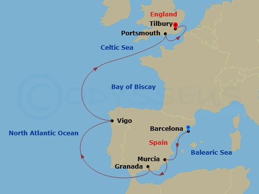 Viking Libra - 7 Night - Iberian Explorer - Viking Libra - Starting in Barcelona, Murcia (Cartagena ES, Spain), Granada (Malaga), Sail the Atlantic Ocean, Vigo, Sail the Atl.. itinerary map