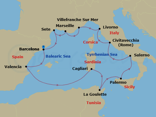 14 Night - Gems of the Mediterranean - Viking Libra - Starting in Barcelona, Valencia, Sail the Mediterranean Sea, Sardinia (Cagliari), Tunis (La Goulette), Palermo, Sicily, Salerno, Rome (Civitavecchia), Florence / Pisa (Livorno), Villefranche-Sur-Mer, Marseille, Sete, Barcelona itinerary map