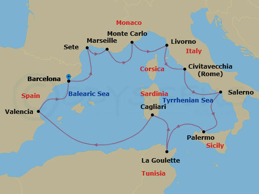 14 Night - Gems of the Mediterranean - Viking Libra - Starting in Barcelona, Sete, Marseille, Monte Carlo, Florence / Pisa (Livorno), Rome (Civitavecchia), Salerno, Palermo, Sicily, Tunis (La Goulette), Sardinia (Cagliari), Sail the Mediterranean Sea, Valencia, Barcelona itinerary map